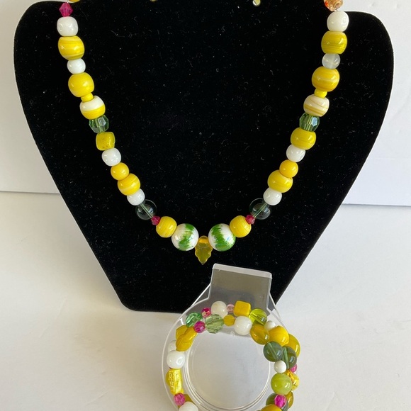 Hand Crafted Necklace Wrap Bracelet Set Yellow Green Multi Mixed Media - Picture 4 of 16